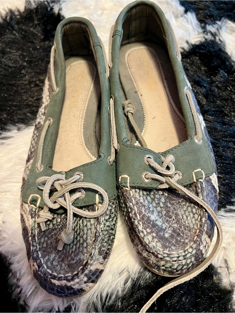 Sperry Green Snake-Print Moccasin Loafers with Suede Trim